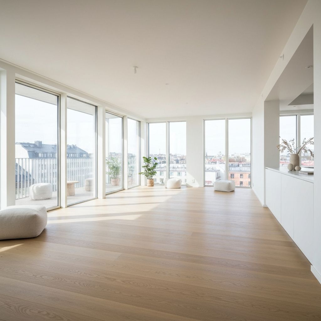 Modernt renoverat Skandinaviskt vardagsrum med ekparkett och stora fönster