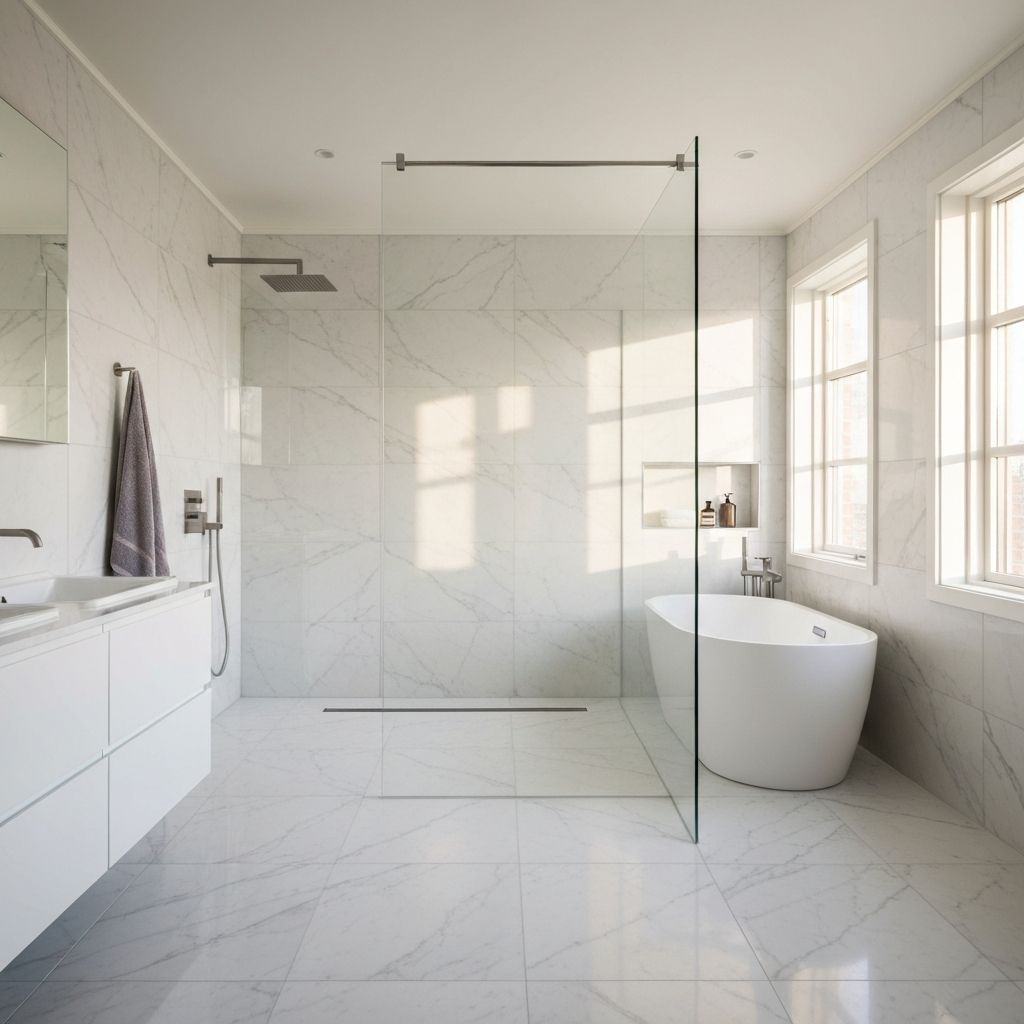 Modernt renoverat badrum med stora vita plattor och walk-in dusch