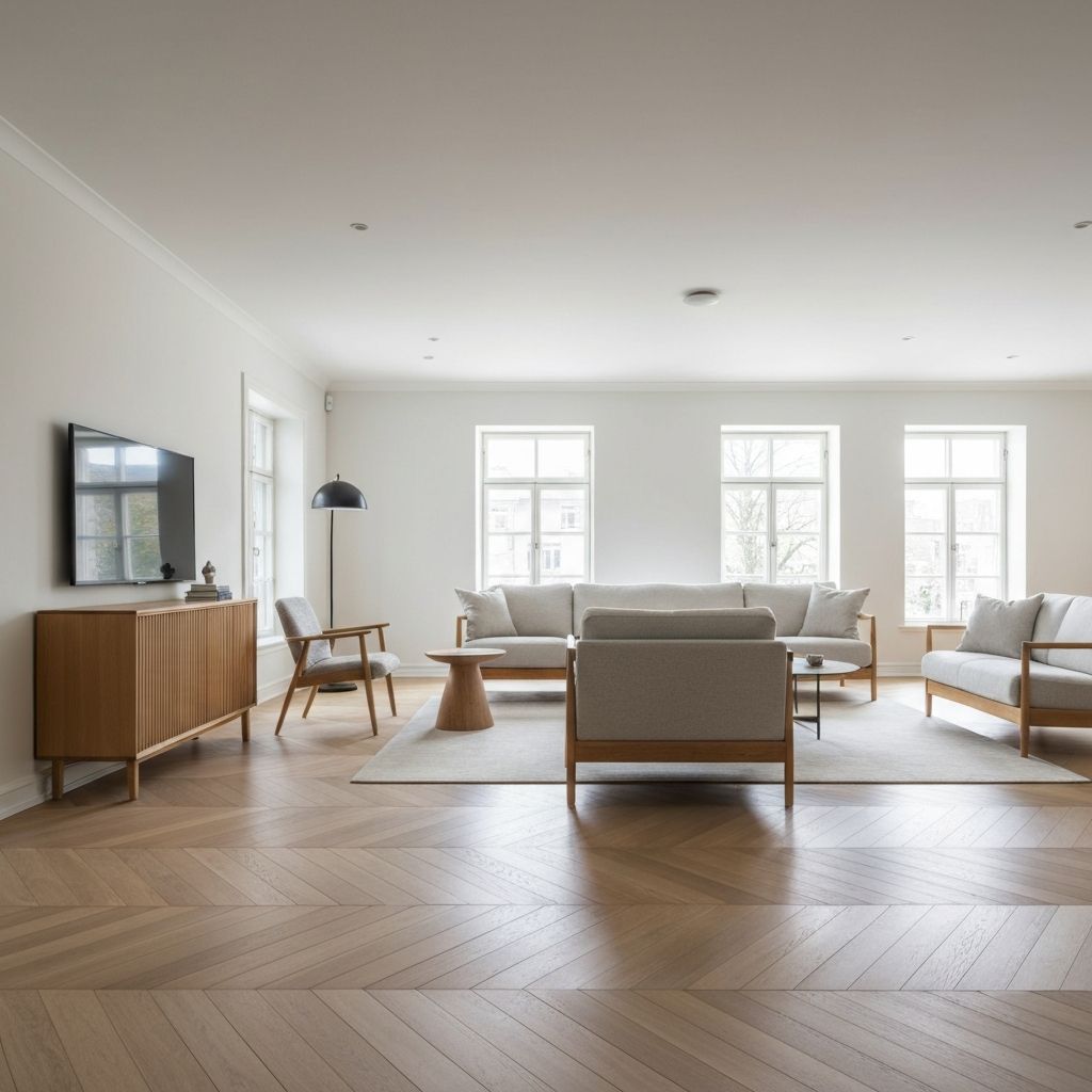 Totalrenoverat vardagsrum med ljusa väggar och ekgolv