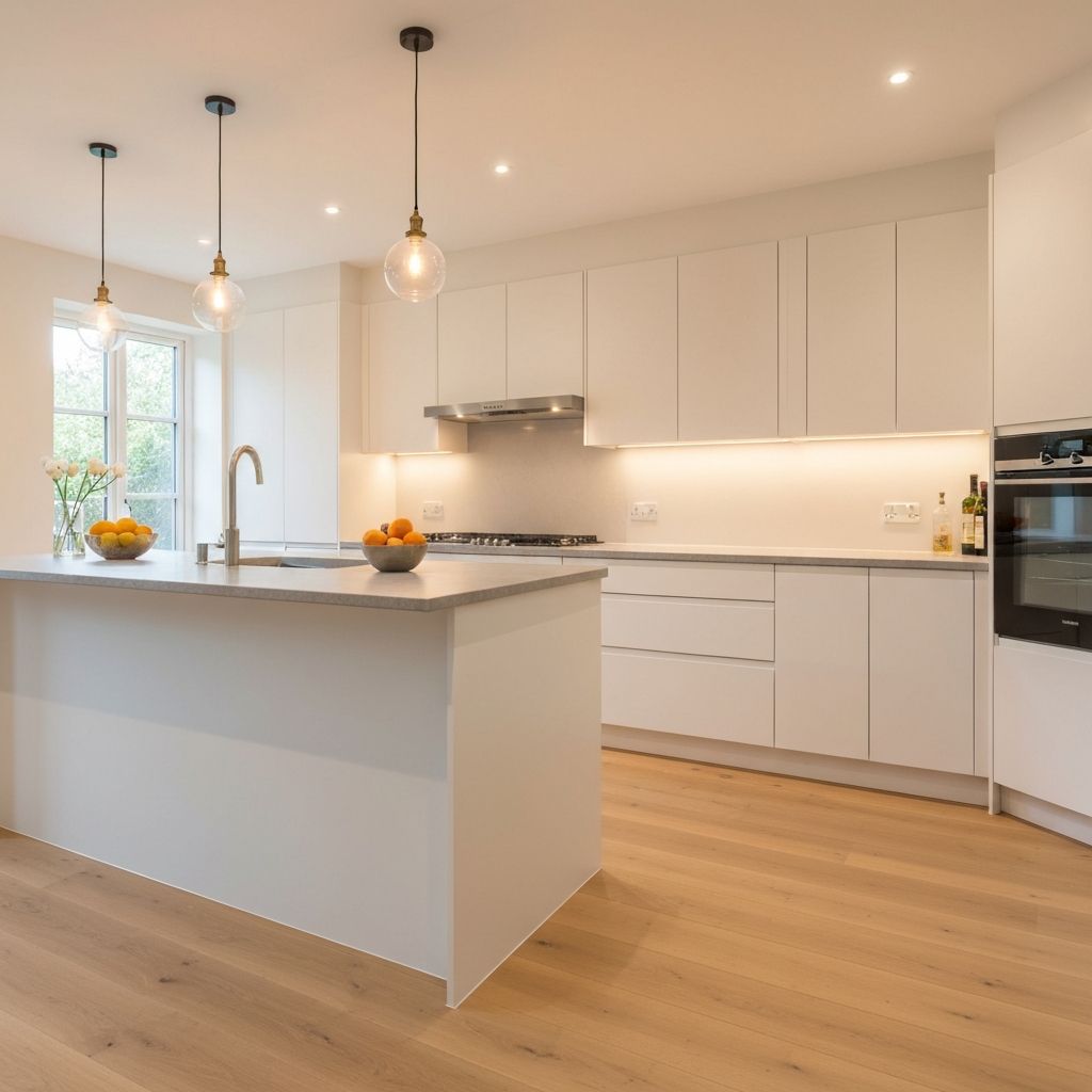 Modernt skandinaviskt kök med vit köksinredning och köksö